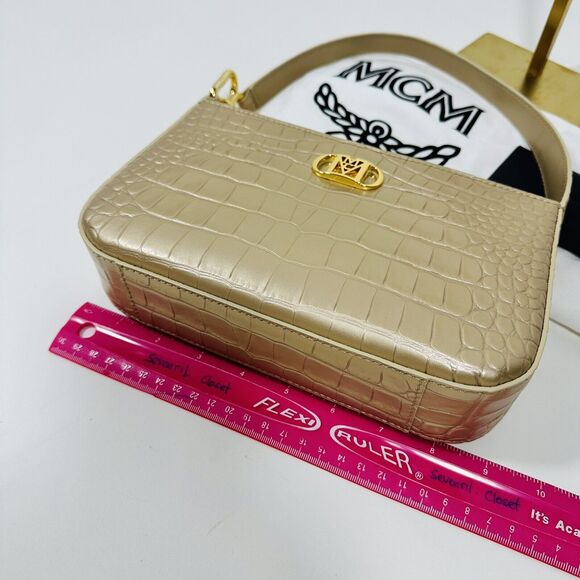 MCM Travia Shoulder Bag Gold Croco Embossed with 24K Gold Plated Logo NWT - Picture 9 of 13